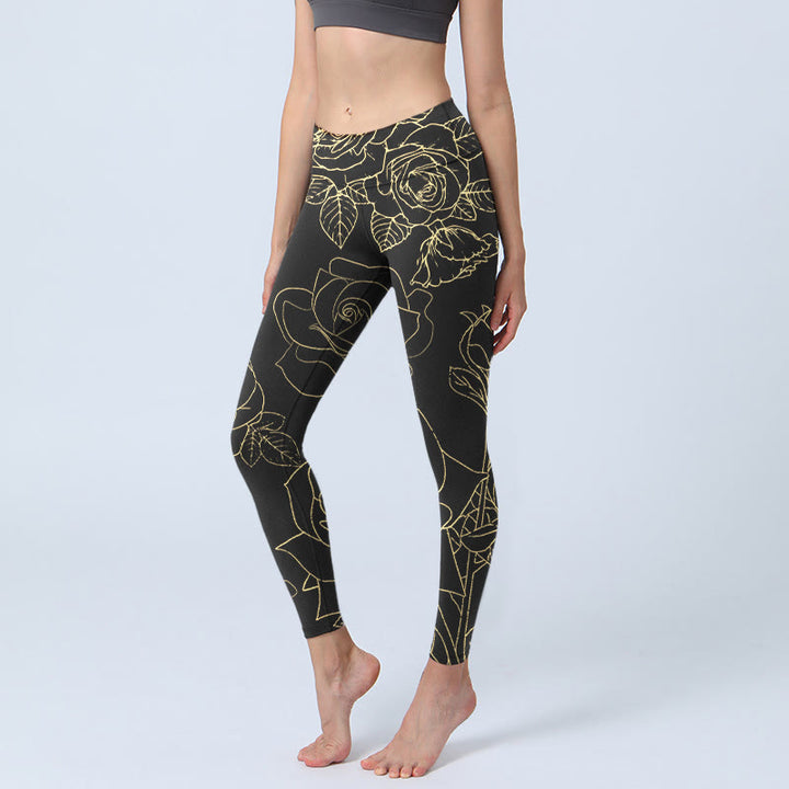 Buddha Stones Rose Flower Leaves Golden Line Pattern Print Gym Leggings Women's Yoga Pants