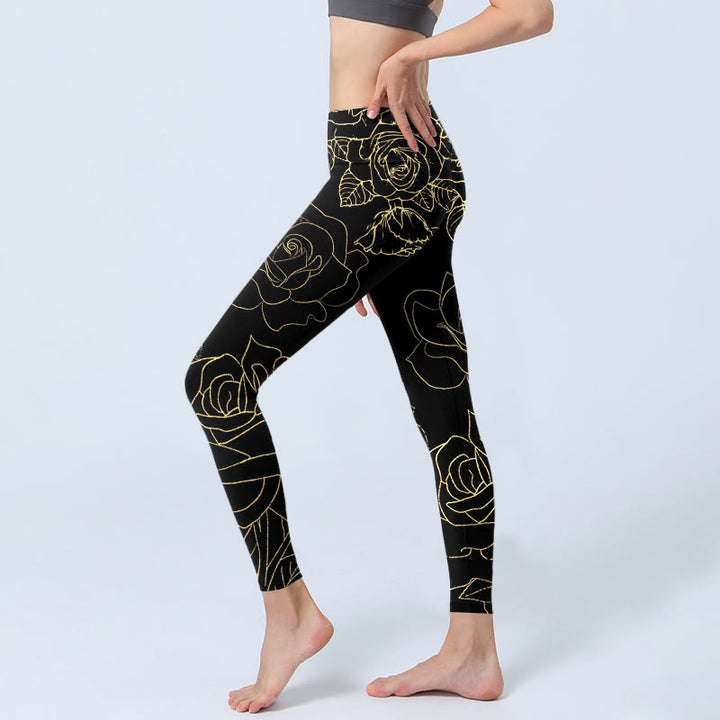 Buddha Stones Rose Flower Leaves Golden Line Pattern Print Gym Leggings Women's Yoga Pants