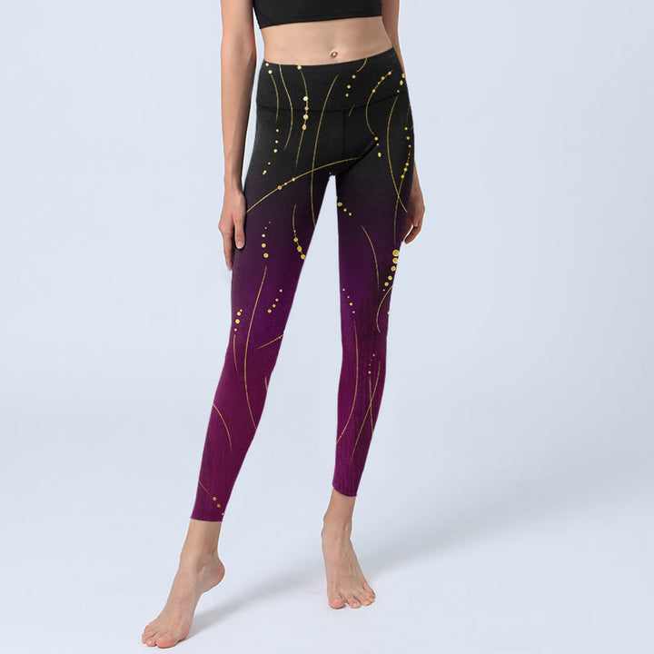 Buddha Stones Abstract Gradient Thin And Long Gold Line Pattern Print Gym Leggings Women's Yoga Pants