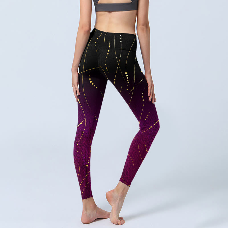 Buddha Stones Abstract Gradient Thin And Long Gold Line Pattern Print Gym Leggings Women's Yoga Pants