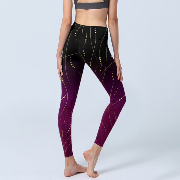Buddha Stones Abstract Gradient Thin And Long Gold Line Pattern Print Gym Leggings Women's Yoga Pants