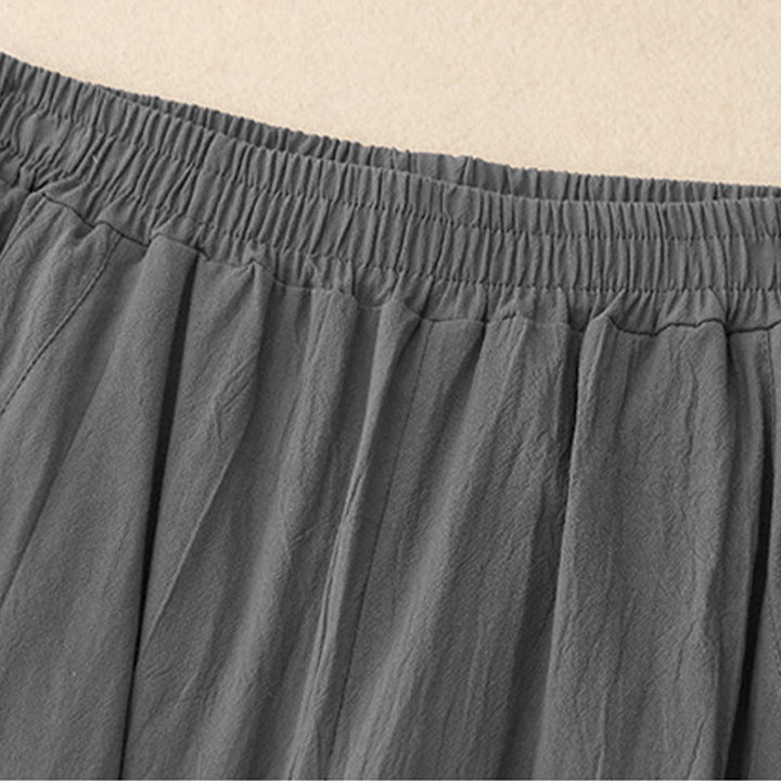 Buddha Stones Daily Plain Elastic Waistband Cotton Linen Women's Pants With Pockets