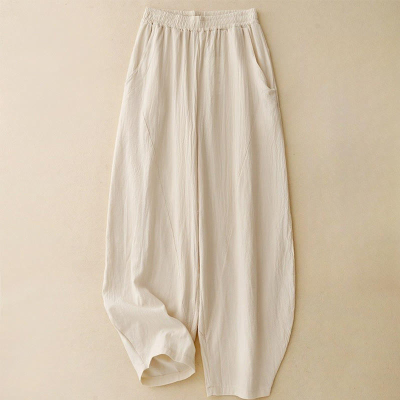 Buddha Stones Daily Plain Elastic Waistband Cotton Linen Women's Pants With Pockets