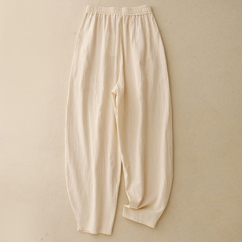 Buddha Stones Daily Plain Elastic Waistband Cotton Linen Women's Pants With Pockets
