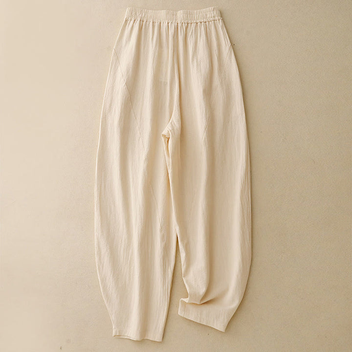 Buddha Stones Daily Plain Elastic Waistband Cotton Linen Women's Pants With Pockets