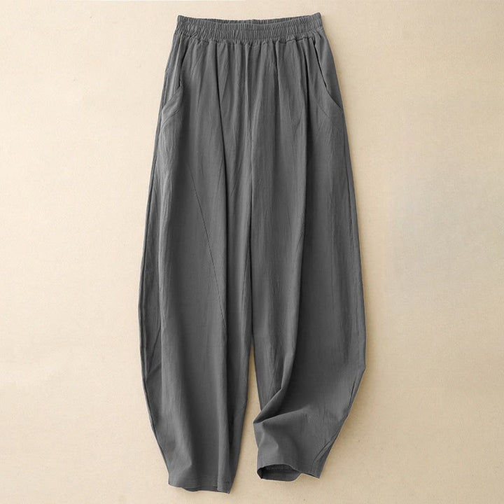 Buddha Stones Daily Plain Elastic Waistband Cotton Linen Women's Pants With Pockets