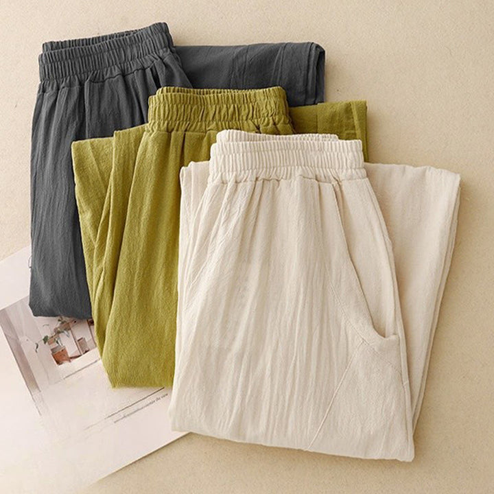 Buddha Stones Daily Plain Elastic Waistband Cotton Linen Women's Pants With Pockets