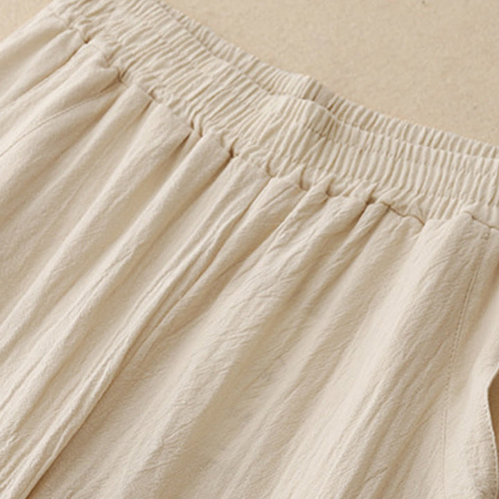 Buddha Stones Daily Plain Elastic Waistband Cotton Linen Women's Pants With Pockets