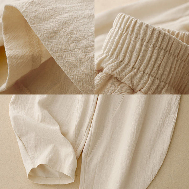 Buddha Stones Daily Plain Elastic Waistband Cotton Linen Women's Pants With Pockets