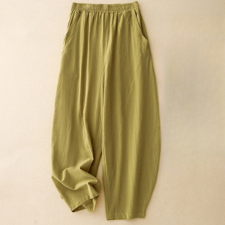 Buddha Stones Daily Plain Elastic Waistband Cotton Linen Women's Pants With Pockets - YellowGreen - US8-10，UK/AU12-14，EU40-42 (2XL) - image 0