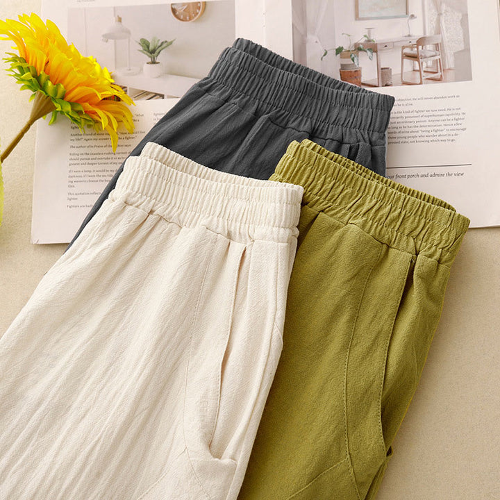 Buddha Stones Daily Plain Elastic Waistband Cotton Linen Women's Pants With Pockets