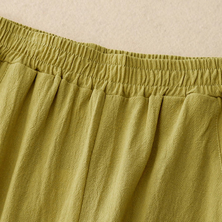 Buddha Stones Daily Plain Elastic Waistband Cotton Linen Women's Pants With Pockets