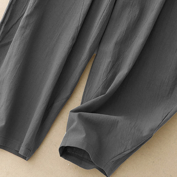 Buddha Stones Daily Plain Elastic Waistband Cotton Linen Women's Pants With Pockets