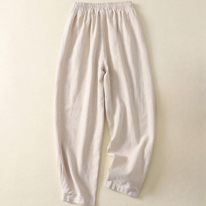 Buddha Stones Versatile Casual Solid Color Elastic Waistband Cotton Linen Women's Pants With Pockets