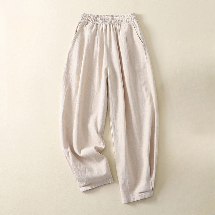 Buddha Stones Versatile Casual Solid Color Elastic Waistband Cotton Linen Women's Pants With Pockets
