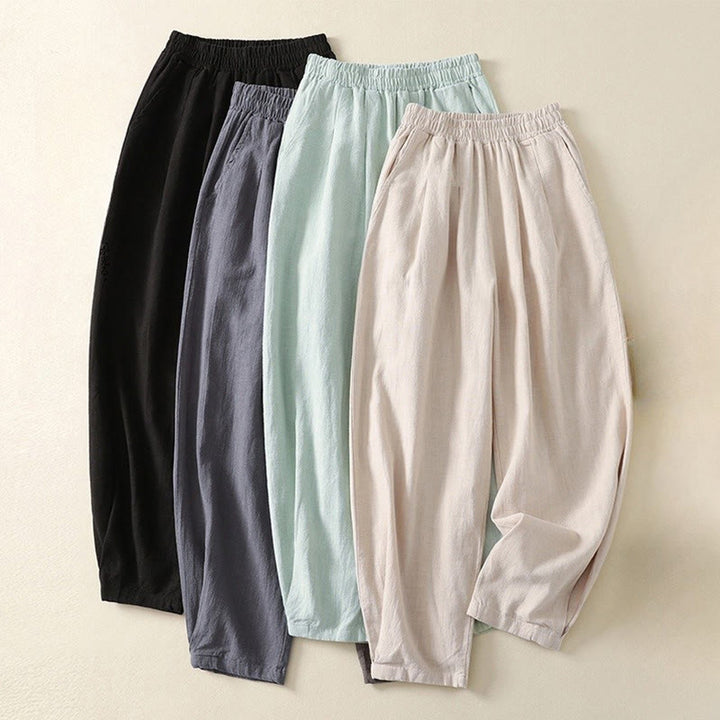 Buddha Stones Versatile Casual Solid Color Elastic Waistband Cotton Linen Women's Pants With Pockets