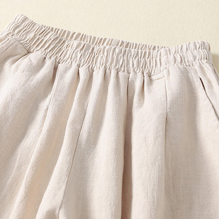 Buddha Stones Versatile Casual Solid Color Elastic Waistband Cotton Linen Women's Pants With Pockets