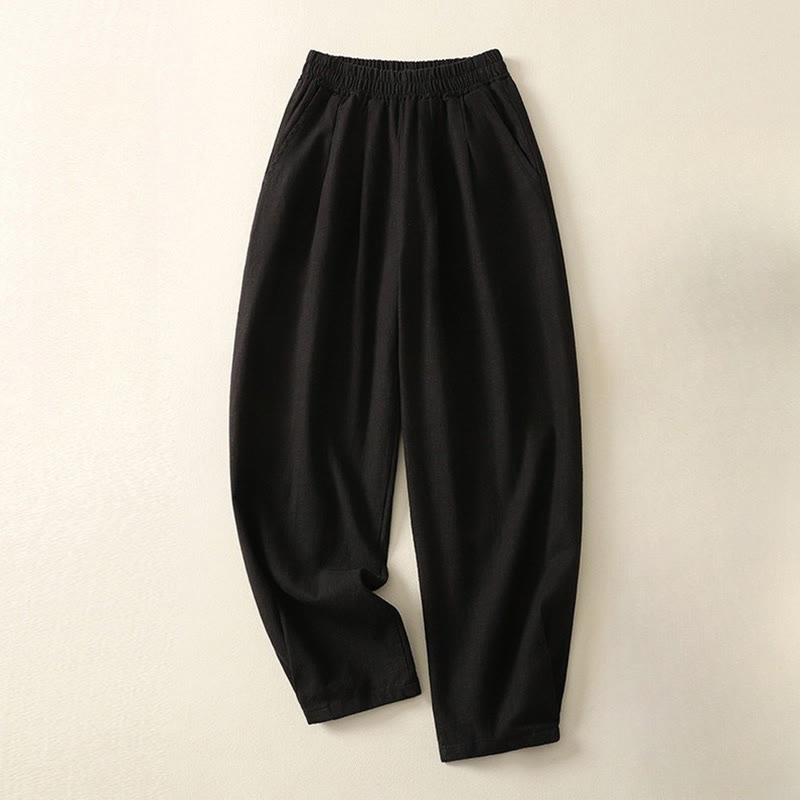 Buddha Stones Commute Solid Color Elastic Waistband Cotton Linen Women's Pants With Pockets - Black - US8-10，UK/AU12-14，EU40-42 (2XL) - image 11