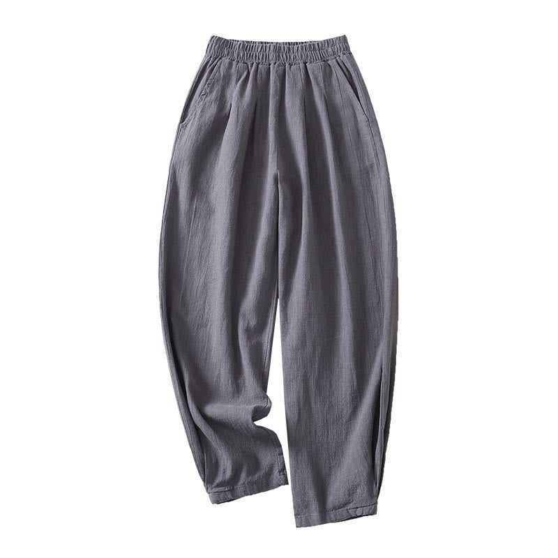 Buddha Stones Versatile Casual Solid Color Elastic Waistband Cotton Linen Women's Pants With Pockets