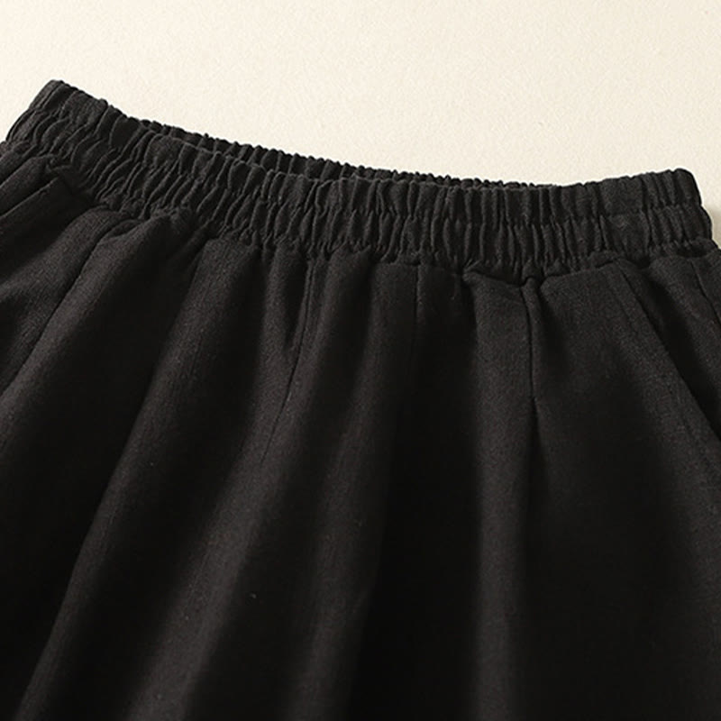 Buddha Stones Versatile Casual Solid Color Elastic Waistband Cotton Linen Women's Pants With Pockets
