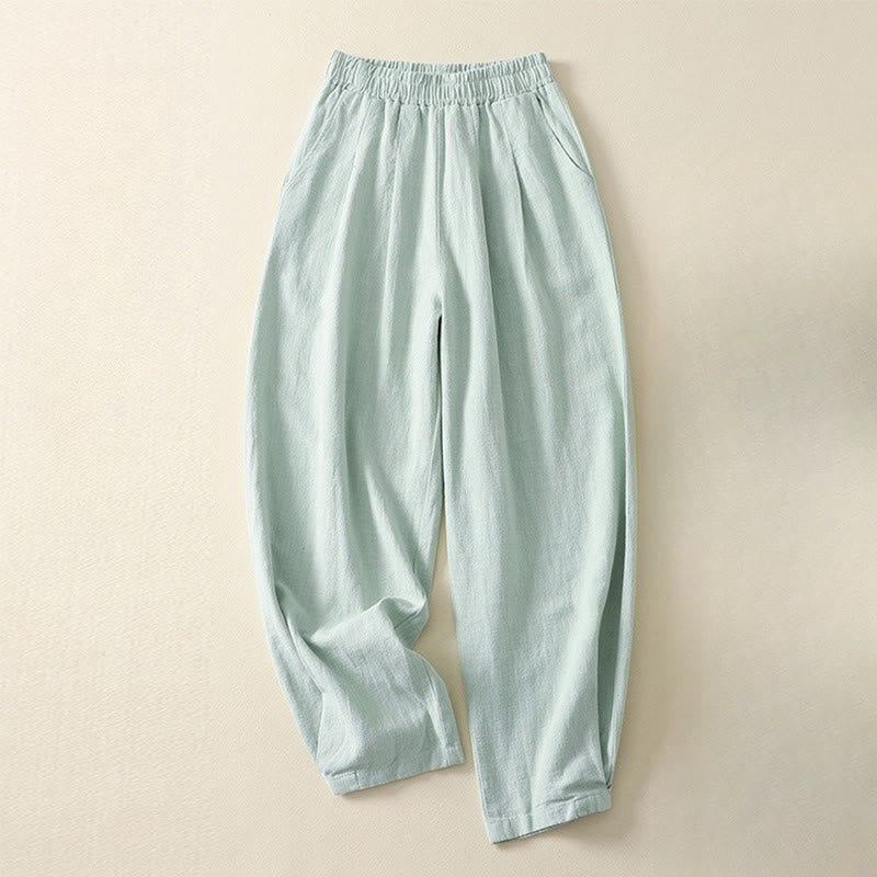 Buddha Stones Versatile Casual Solid Color Elastic Waistband Cotton Linen Women's Pants With Pockets