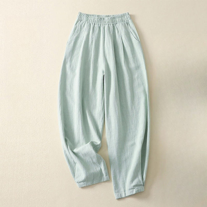 Buddha Stones Versatile Casual Solid Color Elastic Waistband Cotton Linen Women's Pants With Pockets