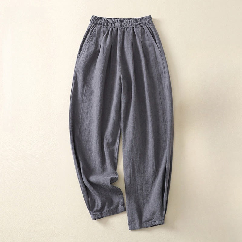 Buddha Stones Versatile Casual Solid Color Elastic Waistband Cotton Linen Women's Pants With Pockets