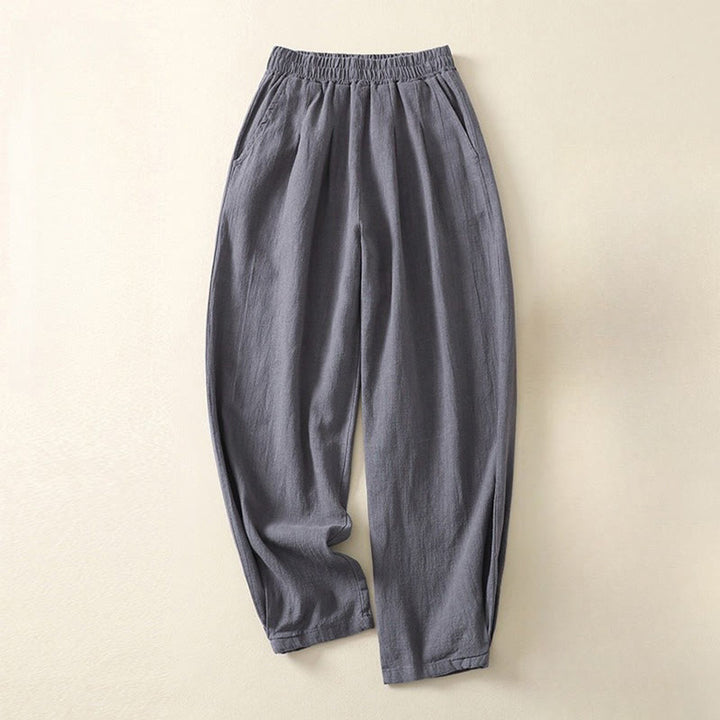 Buddha Stones Versatile Casual Solid Color Elastic Waistband Cotton Linen Women's Pants With Pockets