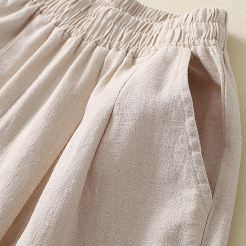 Buddha Stones Versatile Casual Solid Color Elastic Waistband Cotton Linen Women's Pants With Pockets