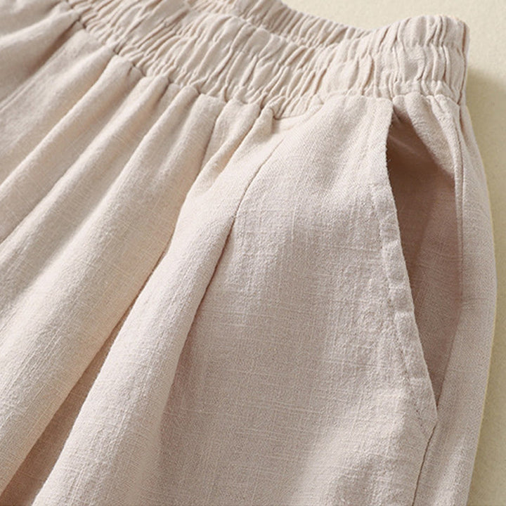 Buddha Stones Versatile Casual Solid Color Elastic Waistband Cotton Linen Women's Pants With Pockets