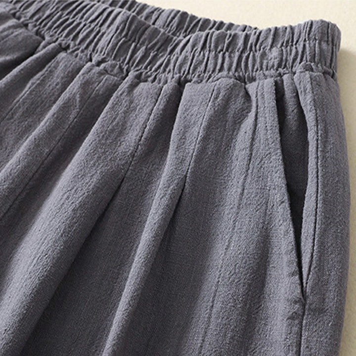 Buddha Stones Versatile Casual Solid Color Elastic Waistband Cotton Linen Women's Pants With Pockets