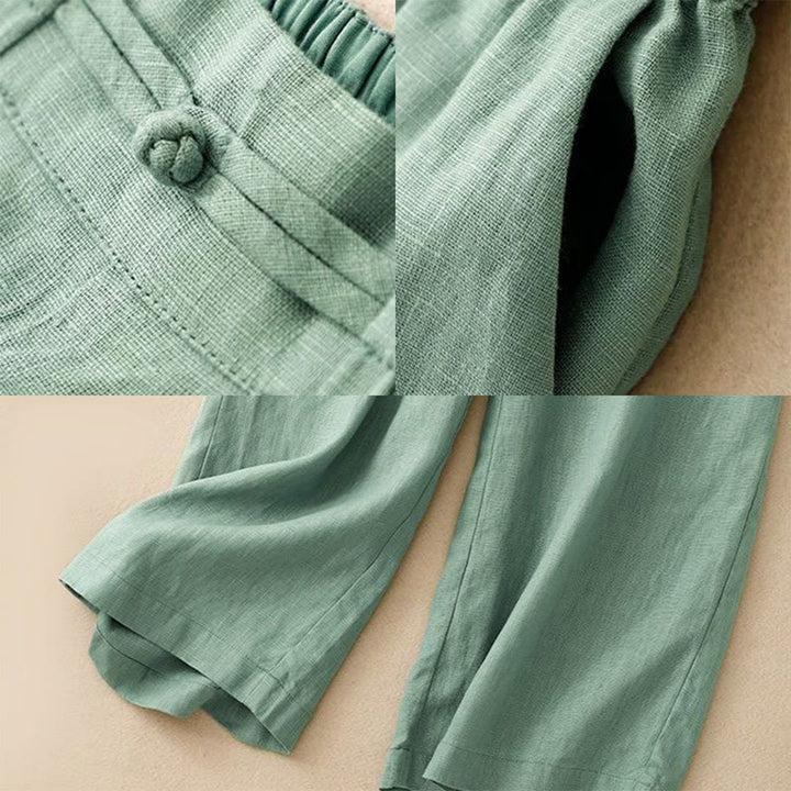 Buddha Stones Versatile Solid Color Elastic Waistband Frog-Button Cotton Linen Women's Wide Leg Pants With Pockets