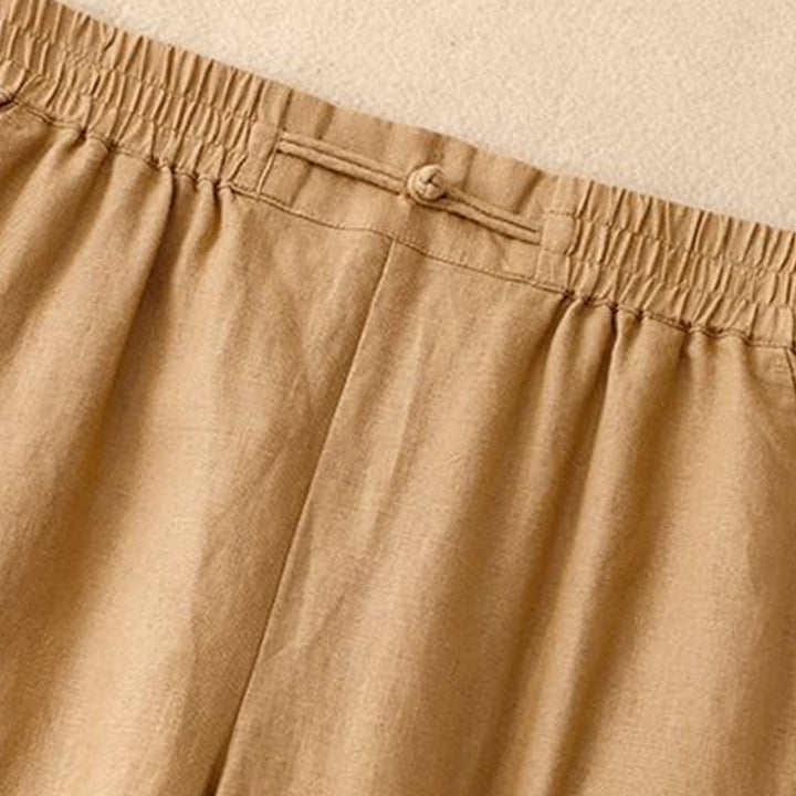 Buddha Stones Versatile Solid Color Elastic Waistband Frog-Button Cotton Linen Women's Wide Leg Pants With Pockets
