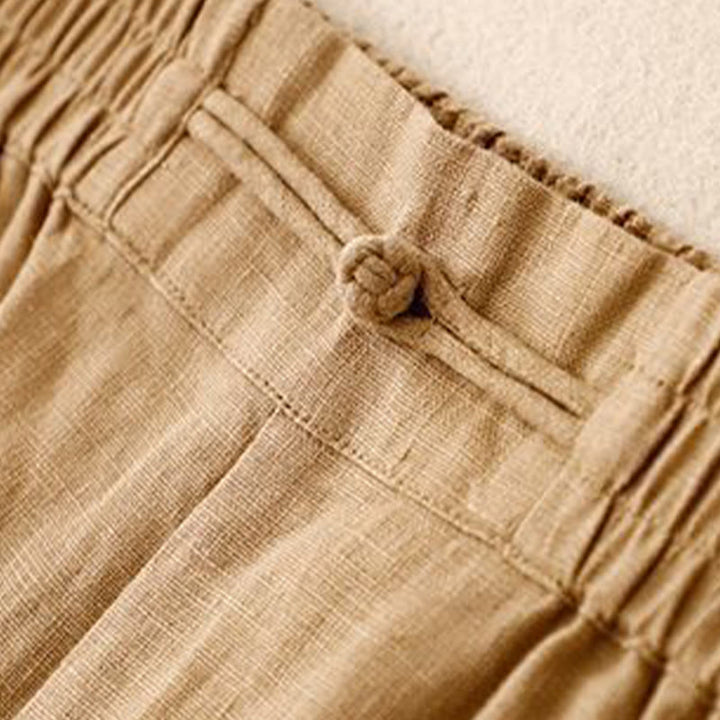 Buddha Stones Versatile Solid Color Elastic Waistband Frog-Button Cotton Linen Women's Wide Leg Pants With Pockets