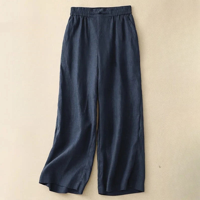 Buddha Stones Versatile Solid Color Elastic Waistband Frog-Button Cotton Linen Women's Wide Leg Pants With Pockets