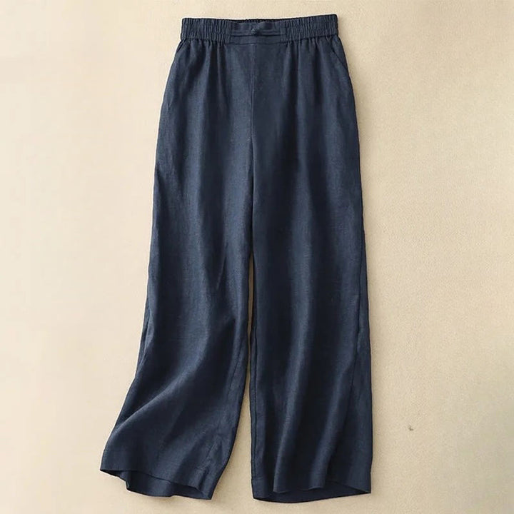 Buddha Stones Versatile Solid Color Elastic Waistband Frog-Button Cotton Linen Women's Wide Leg Pants With Pockets