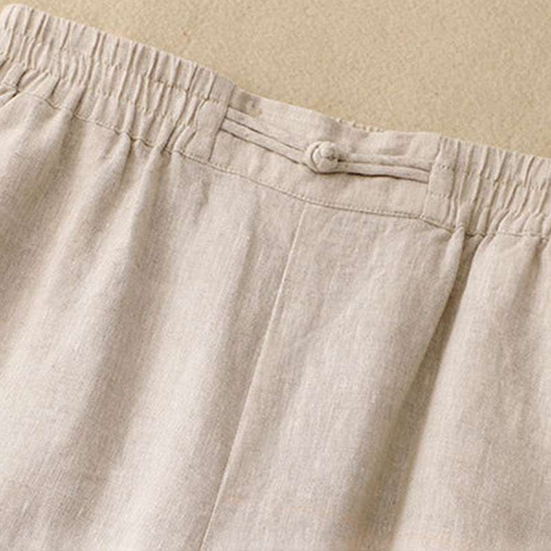 Buddha Stones Versatile Solid Color Elastic Waistband Frog-Button Cotton Linen Women's Wide Leg Pants With Pockets