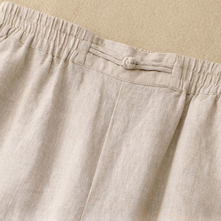 Buddha Stones Versatile Solid Color Elastic Waistband Frog-Button Cotton Linen Women's Wide Leg Pants With Pockets