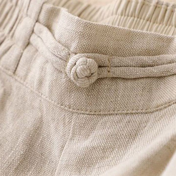 Buddha Stones Versatile Solid Color Elastic Waistband Frog-Button Cotton Linen Women's Wide Leg Pants With Pockets