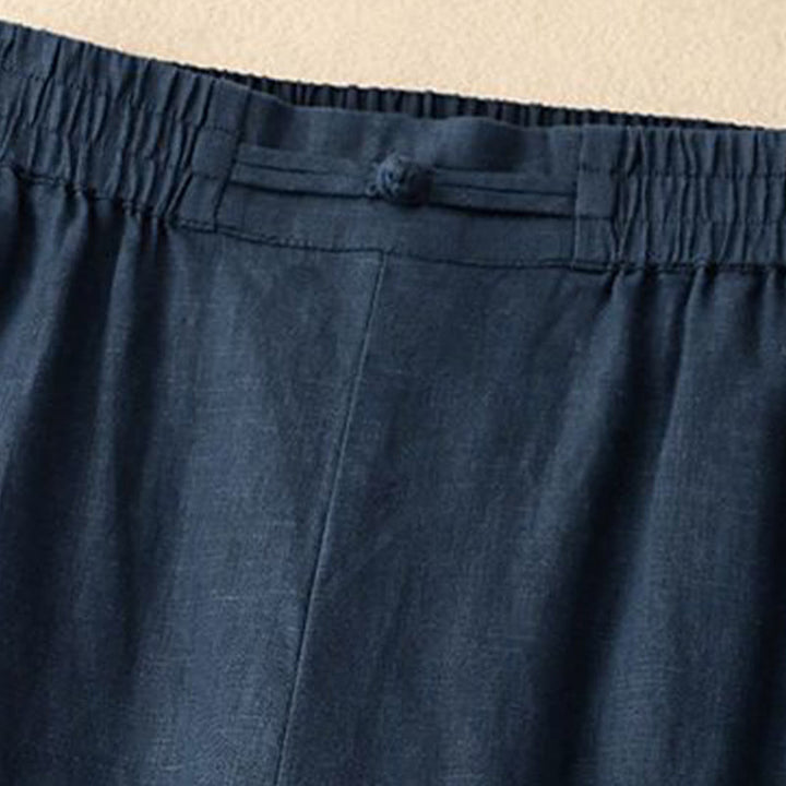 Buddha Stones Versatile Solid Color Elastic Waistband Frog-Button Cotton Linen Women's Wide Leg Pants With Pockets