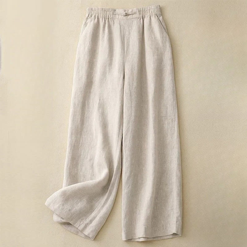 Buddha Stones Versatile Solid Color Elastic Waistband Frog-Button Cotton Linen Women's Wide Leg Pants With Pockets