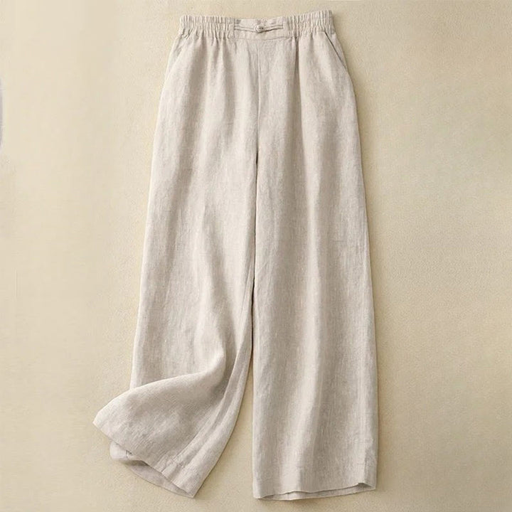 Buddha Stones Versatile Solid Color Elastic Waistband Frog-Button Cotton Linen Women's Wide Leg Pants With Pockets