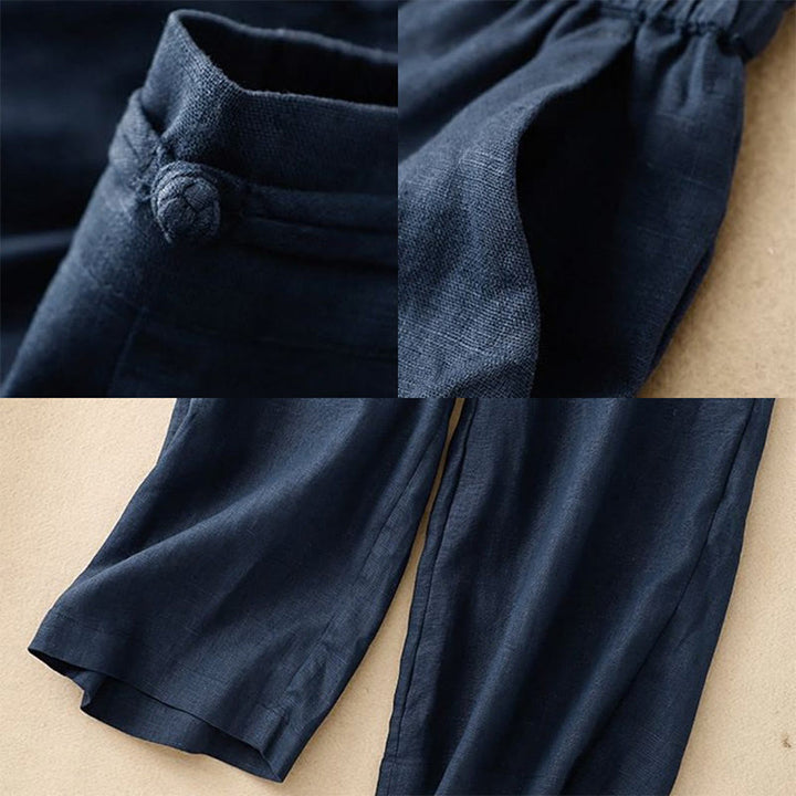 Buddha Stones Versatile Solid Color Elastic Waistband Frog-Button Cotton Linen Women's Wide Leg Pants With Pockets