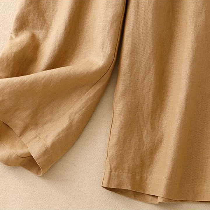 Buddha Stones Versatile Solid Color Elastic Waistband Frog-Button Cotton Linen Women's Wide Leg Pants With Pockets