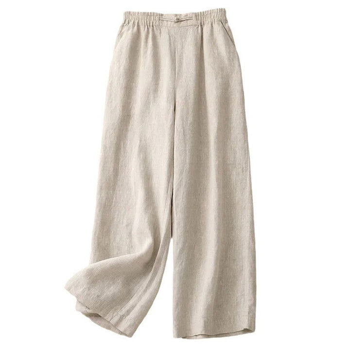 Buddha Stones Versatile Solid Color Elastic Waistband Frog-Button Cotton Linen Women's Wide Leg Pants With Pockets