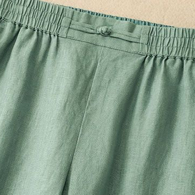 Buddha Stones Versatile Solid Color Elastic Waistband Frog-Button Cotton Linen Women's Wide Leg Pants With Pockets