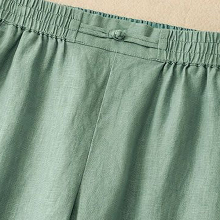 Buddha Stones Versatile Solid Color Elastic Waistband Frog-Button Cotton Linen Women's Wide Leg Pants With Pockets