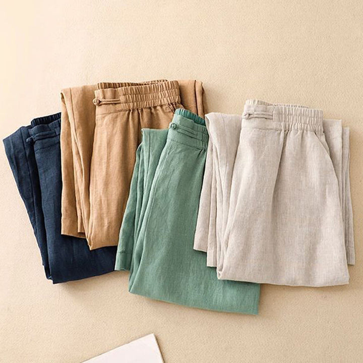 Buddha Stones Versatile Solid Color Elastic Waistband Frog-Button Cotton Linen Women's Wide Leg Pants With Pockets