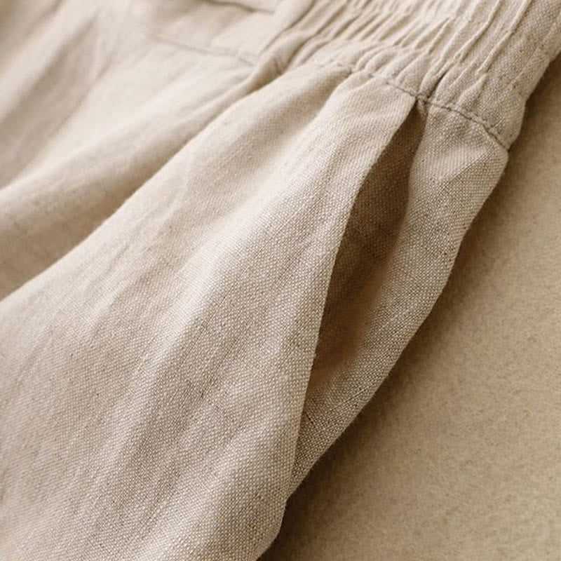 Buddha Stones Versatile Solid Color Elastic Waistband Frog-Button Cotton Linen Women's Wide Leg Pants With Pockets
