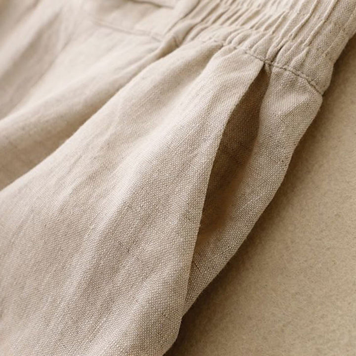 Buddha Stones Versatile Solid Color Elastic Waistband Frog-Button Cotton Linen Women's Wide Leg Pants With Pockets